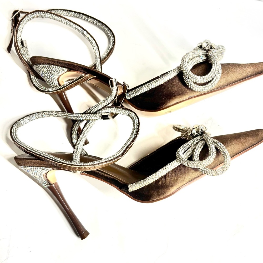 Metallic ankle-wrap Stiletto heels Crystal-embellished Bow detail Chocolate 9W - Picture 12 of 14